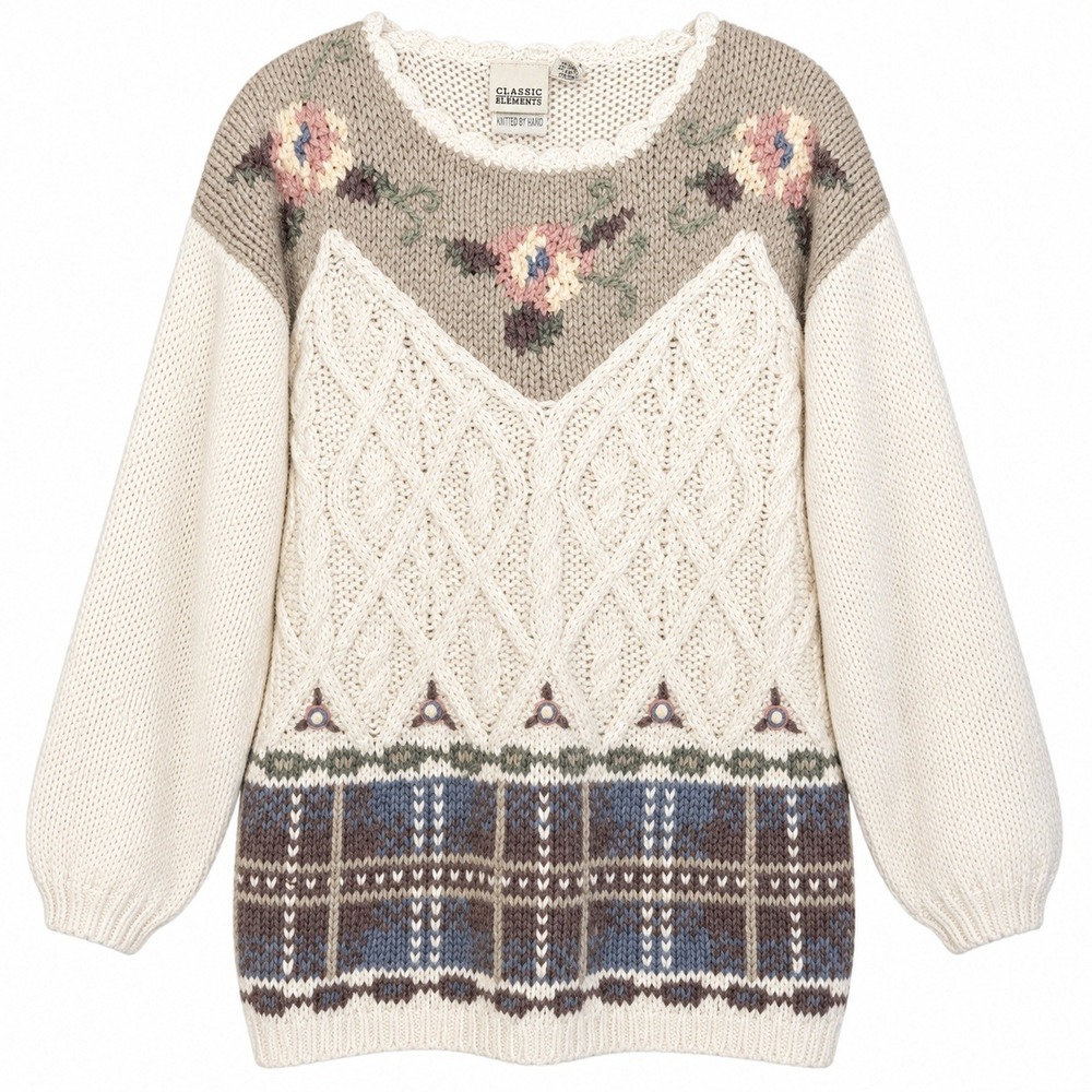 Classic Elements Sweater Womens M Cream Floral Plaid Hand Knit Vintage Boho